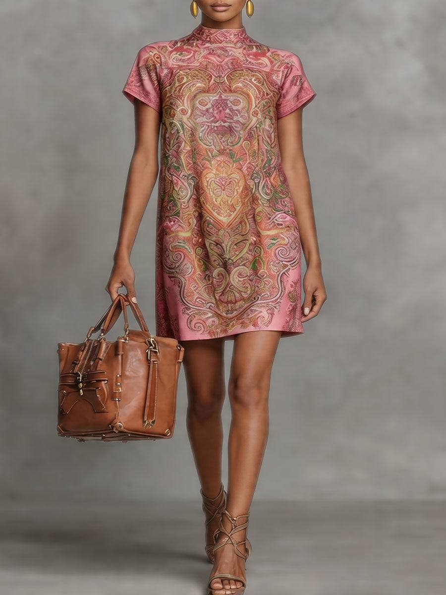 Loose Short Sleeves Contrast Color Printed Stand Collar Mini Dresses