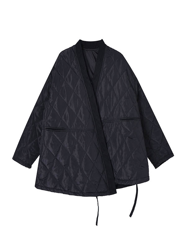 Long Sleeves Loose Plaid Quilted Solid Color Split-Joint Tied Collarless Outerwear Padded Coat