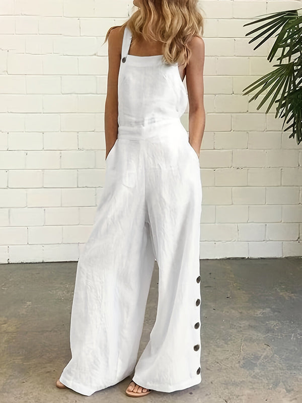 High Waisted Loose Buttoned Pockets Solid Color Spaghetti-Neck Overalls