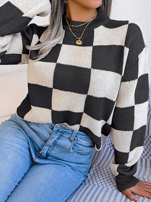 Long Sleeves Loose Contrast Color Plaid Round-Neck Sweater Tops