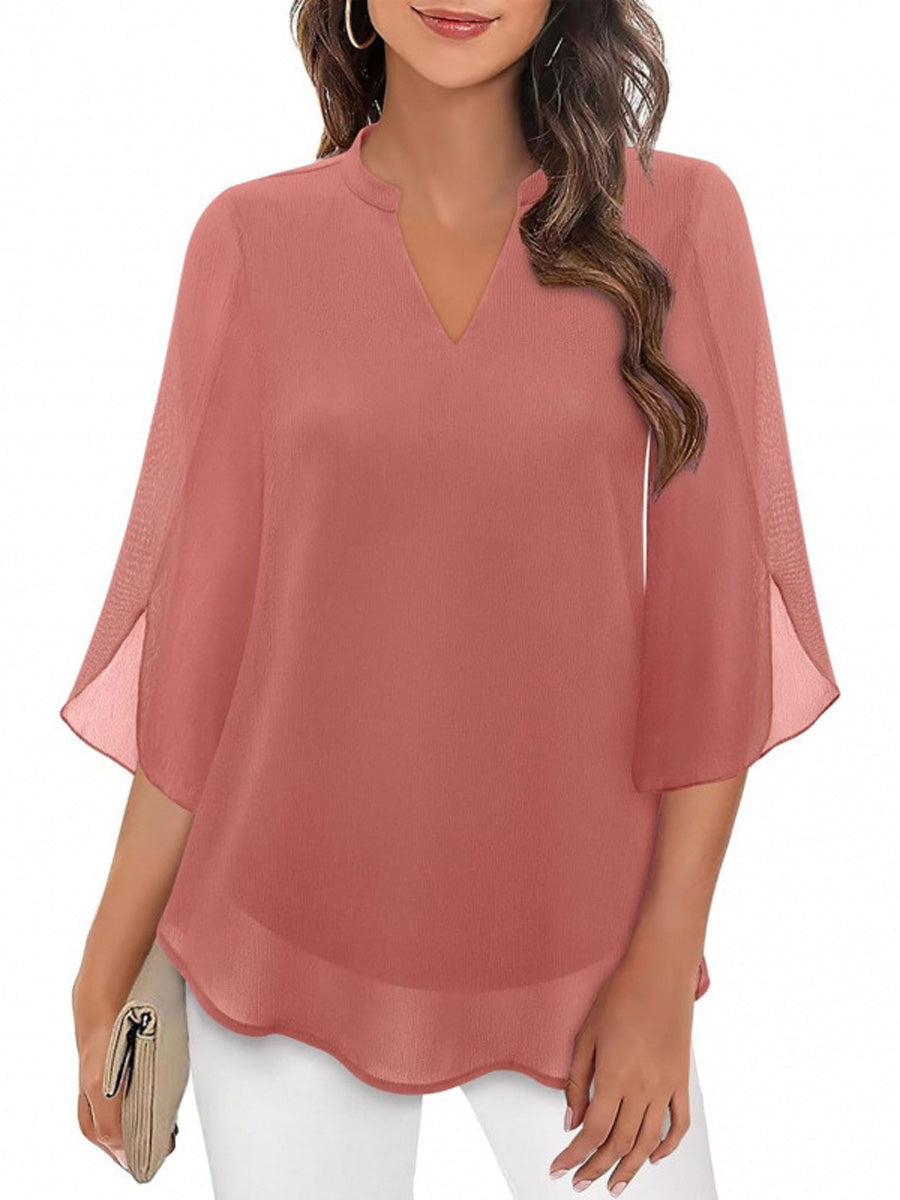 Half Sleeves Loose Solid Color V-Neck Blouses&Shirts Tops