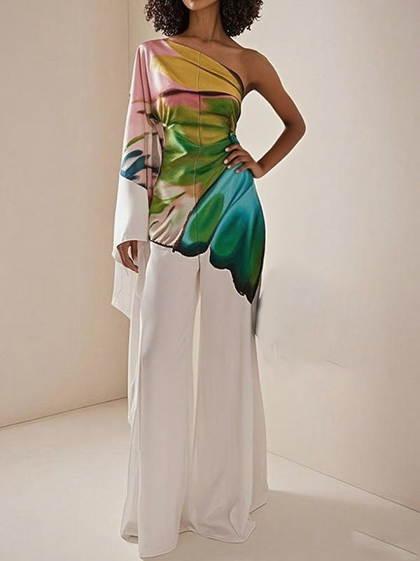 Long Sleeves Loose Flower Print Pleated Pockets One-Shoulder Jumpsuits