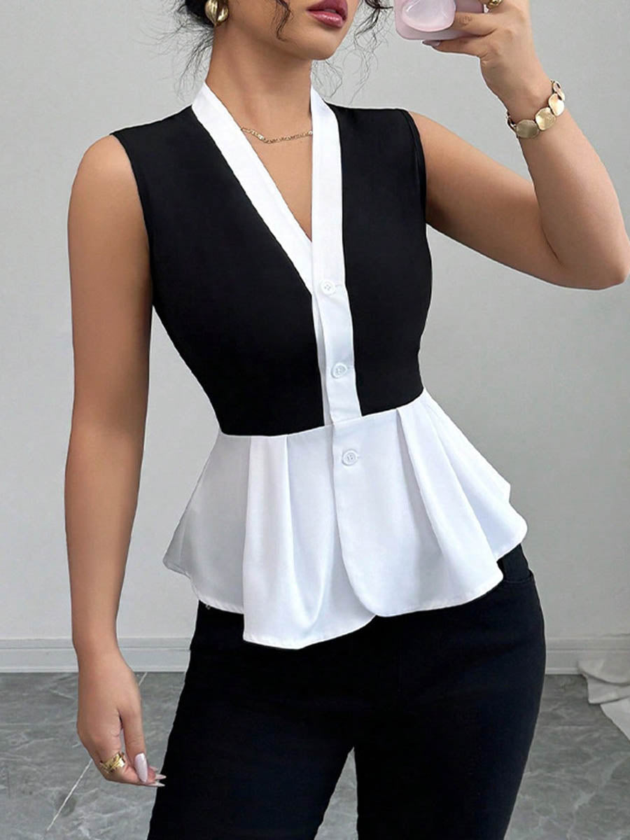Skinny Sleeveless Buttoned Contrast Color Ruffled Split-Joint V-Neck Blouses&Shirts Tops