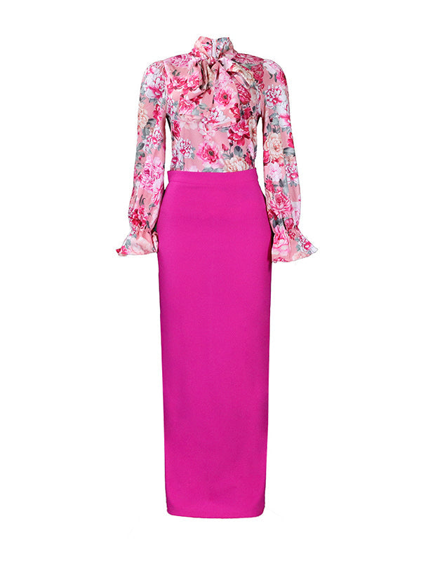 Long Sleeves Floral Printed Blouse + Split-Back Solid Color Skirt Two Pieces Set