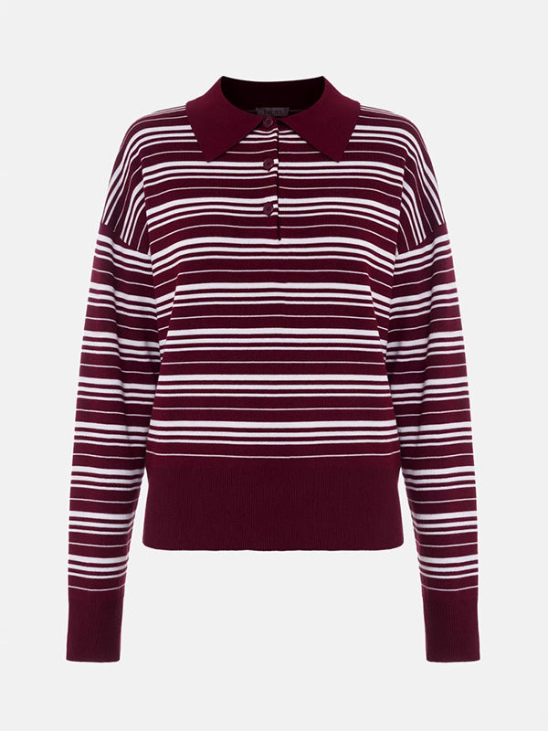 Long Sleeves Split-Joint Striped Lapel Sweater Tops