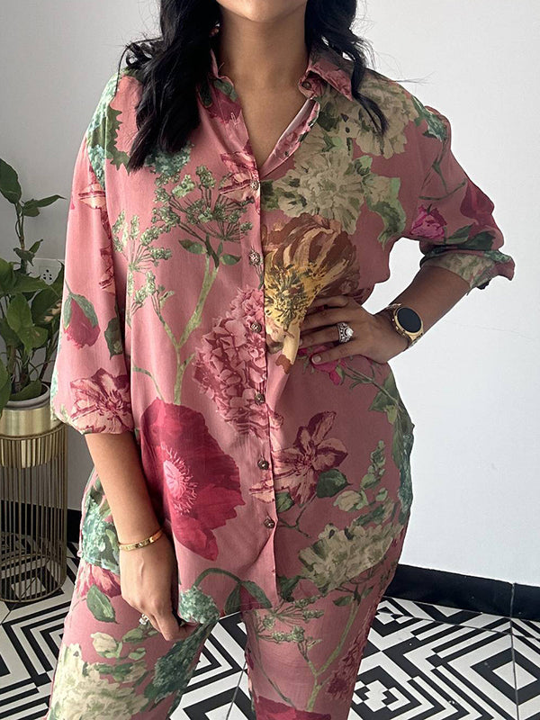 Long Sleeves Buttoned Flower Print Lapel Shirts Top + Ninth Pants Pants Bottom Two Pieces Set