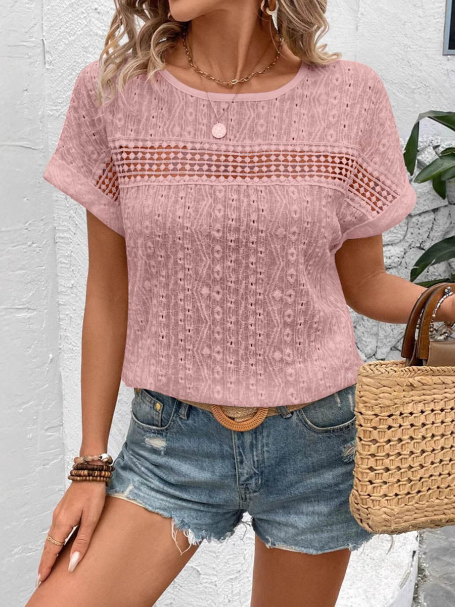 Loose Short Sleeves Hollow Print Solid Color Split-Joint Textured Round-Neck Blouses&Shirts Tops
