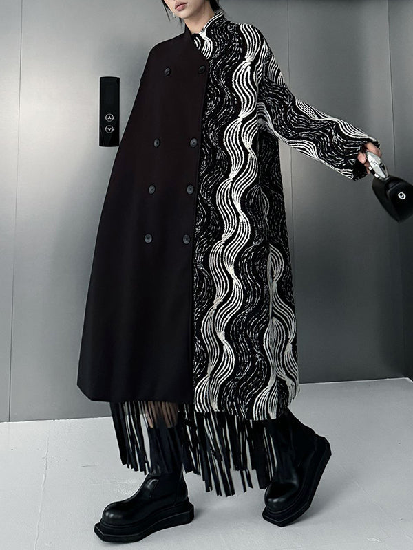 Long Sleeves Loose Buttoned Contrast Color Pockets Stand Collar Woolen Coat