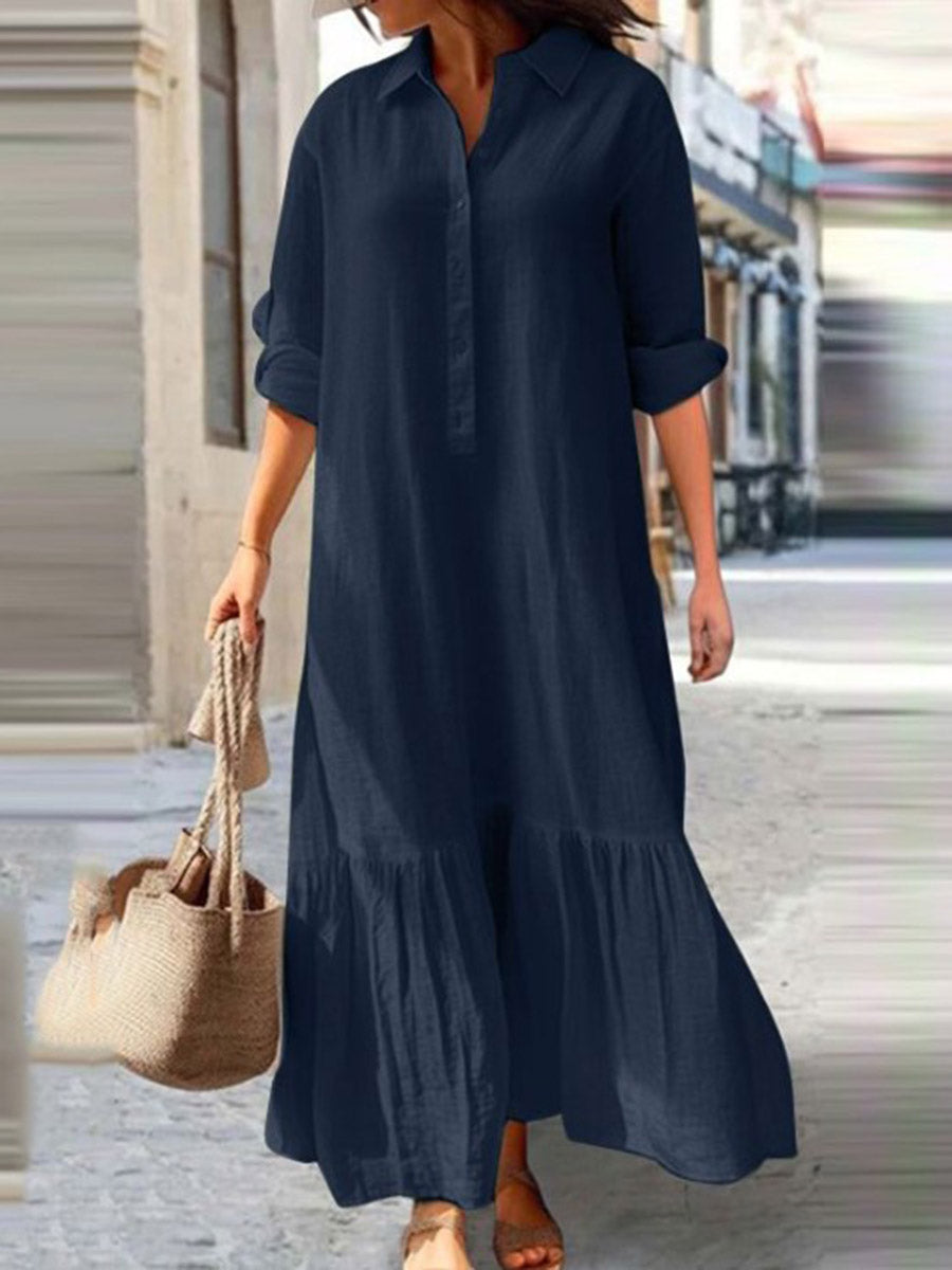 A-Line Long Sleeves Buttoned Pleated Solid Color Split-Joint Lapel Maxi Dresses