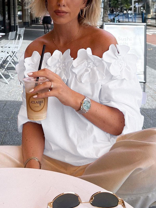 Loose Applique Solid Color Three-Dimensional Flower Off-the-shoulder Blouses&shirts Tops