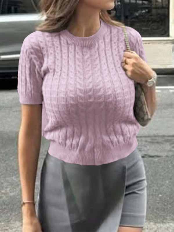 Short Sleeves Solid Color Split-Joint Round-neck Pullovers Sweater Tops