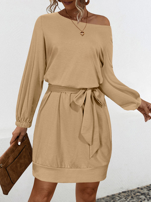 Long Sleeves Loose Elasticity Solid Color Tied Waist One-Shoulder Mini Dresses