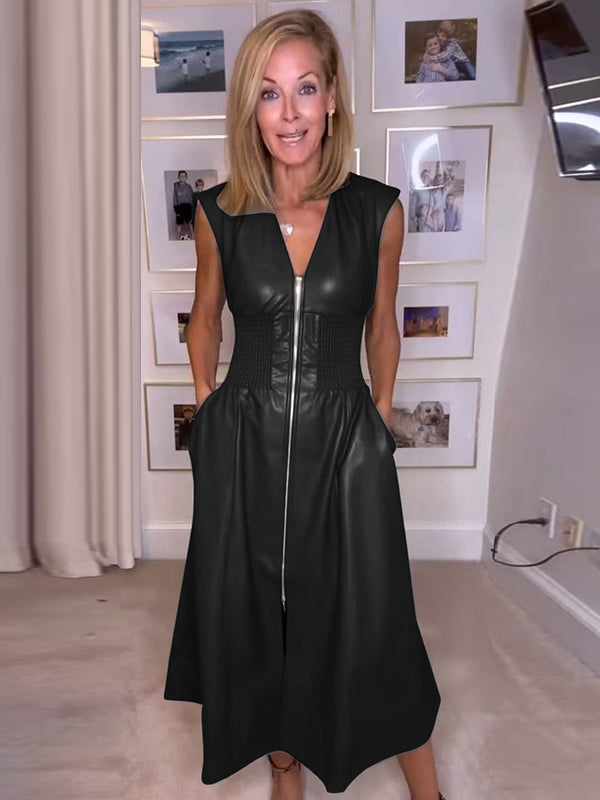 A-Line Elasticated Waist Pockets Solid Color Split-Joint Zipper V-Neck Midi Dresses