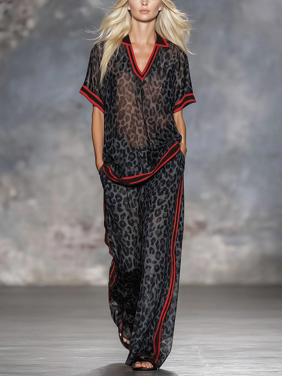 Loose Wide Leg Contrast Color Leopard Pockets Split-Joint Striped Pants Trousers