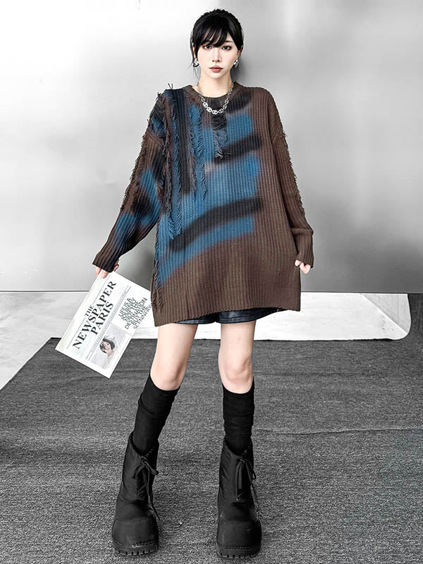 Irregularity Long Sleeves Abstract Printed Asymmetric Contrast Color Split-Joint Tasseled Round-Neck Sweater Tops