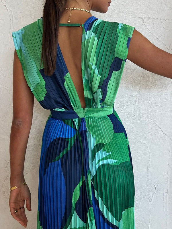 Loose Sleeveless Pleated Printed Split-Joint Deep V-Neck Maxi Dresses
