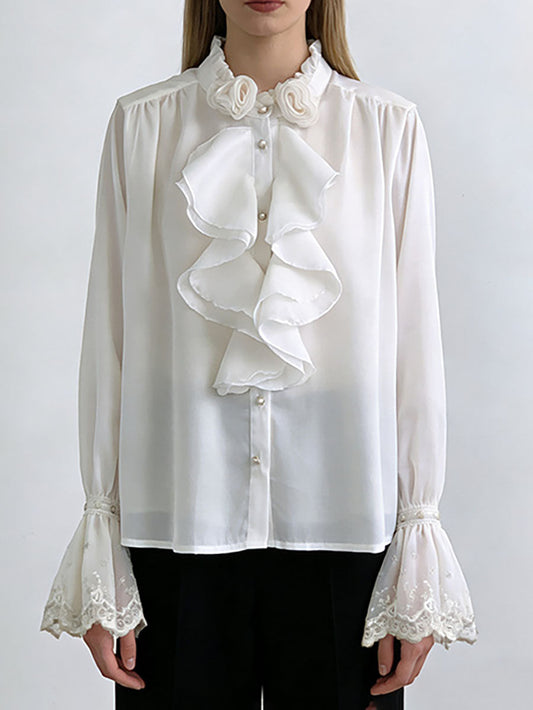 Long Sleeves Ruffle Sleeves Buttoned Pleated Ruffled Solid Color Split-Joint Stand Collar Blouses&Shirts Tops
