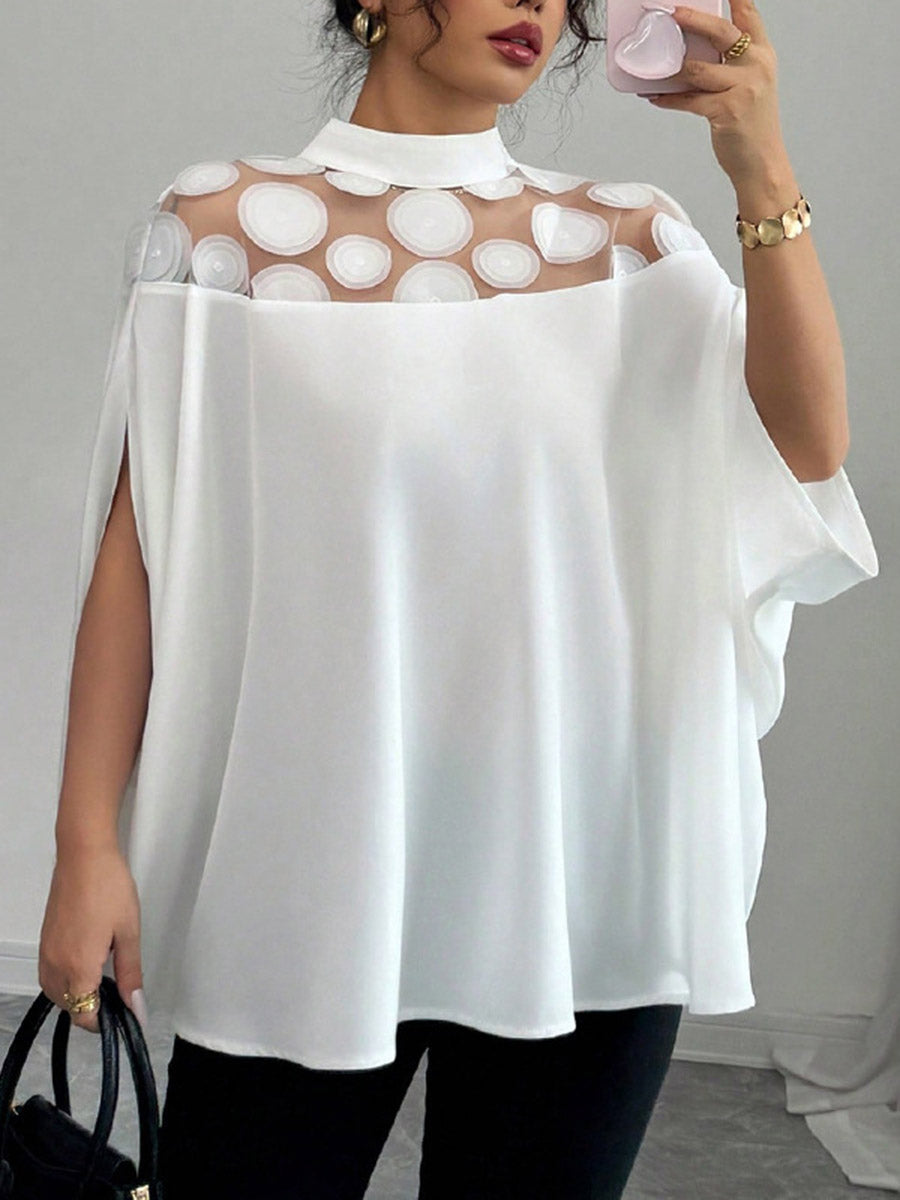 Cape Loose Geometric Pleated See-Through Solid Color Split-Joint Half Turtleneck Blouses&Shirts Tops
