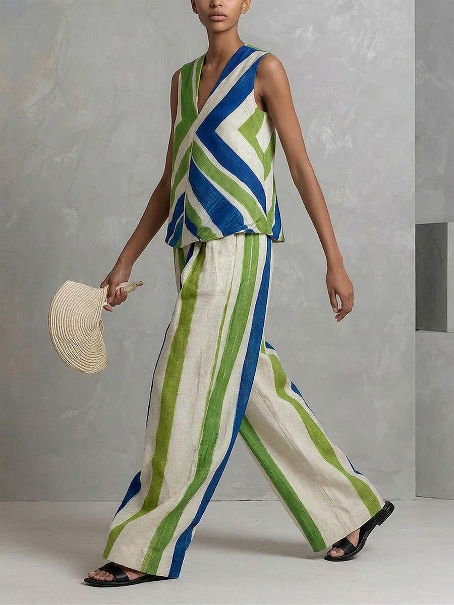 Loose Sleeveless Contrast Color Striped V-Neck Tank