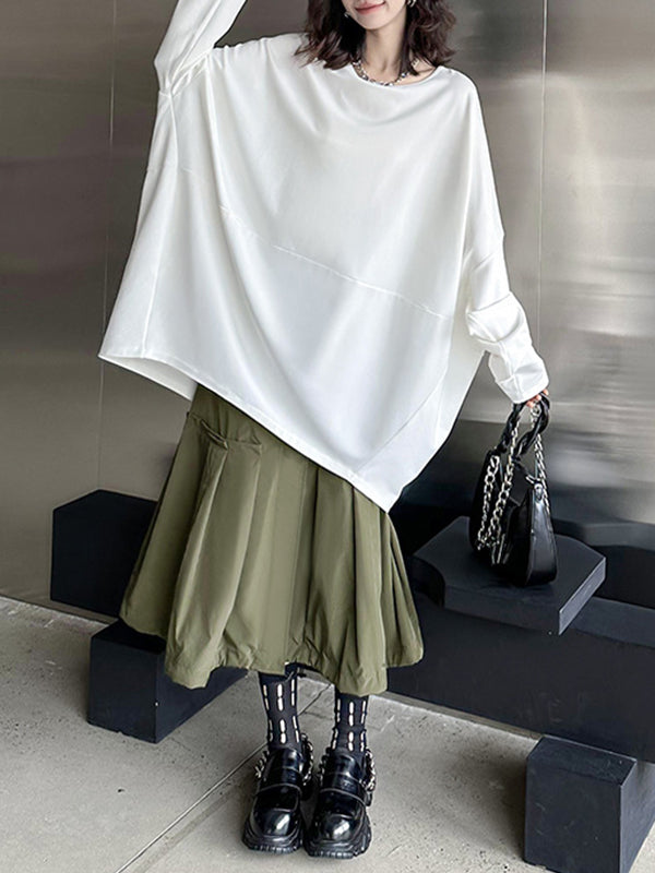 Batwing Sleeves Long Sleeves Solid Color Round-neck T-Shirts Tops