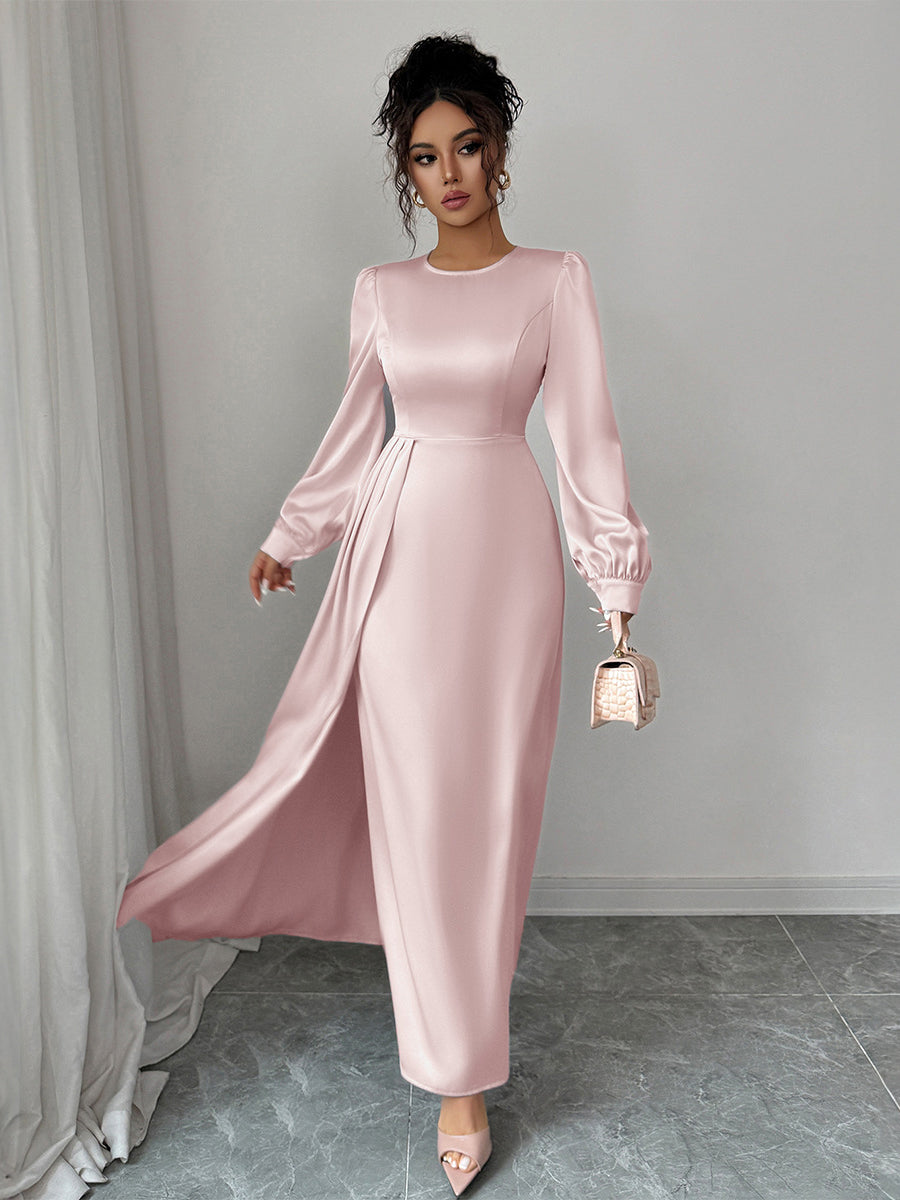 A-Line Elasticated Waist Asymmetric Pleated Solid Color Split-Joint Round-Neck Maxi Dresses