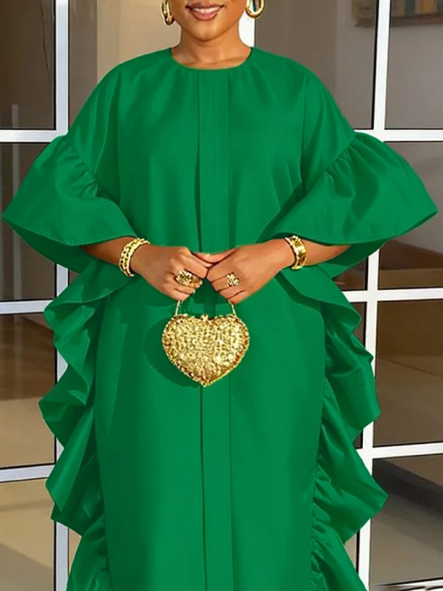 Long Sleeves Loose Ruffle Trim Solid Color Split-Joint Round-Neck Maxi Dresses