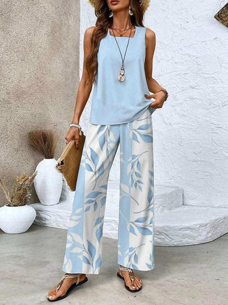 Loose Solid Color Square-Neck Tank Top +  Contrast Color Leaves Print Pockets High Waisted Trousers Pants Two Pieces Set