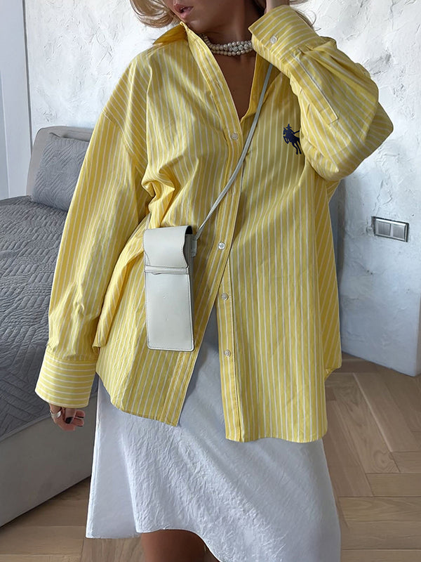 Long Sleeves Loose Buttoned Pockets Striped Lapel Blouses&Shirts Tops