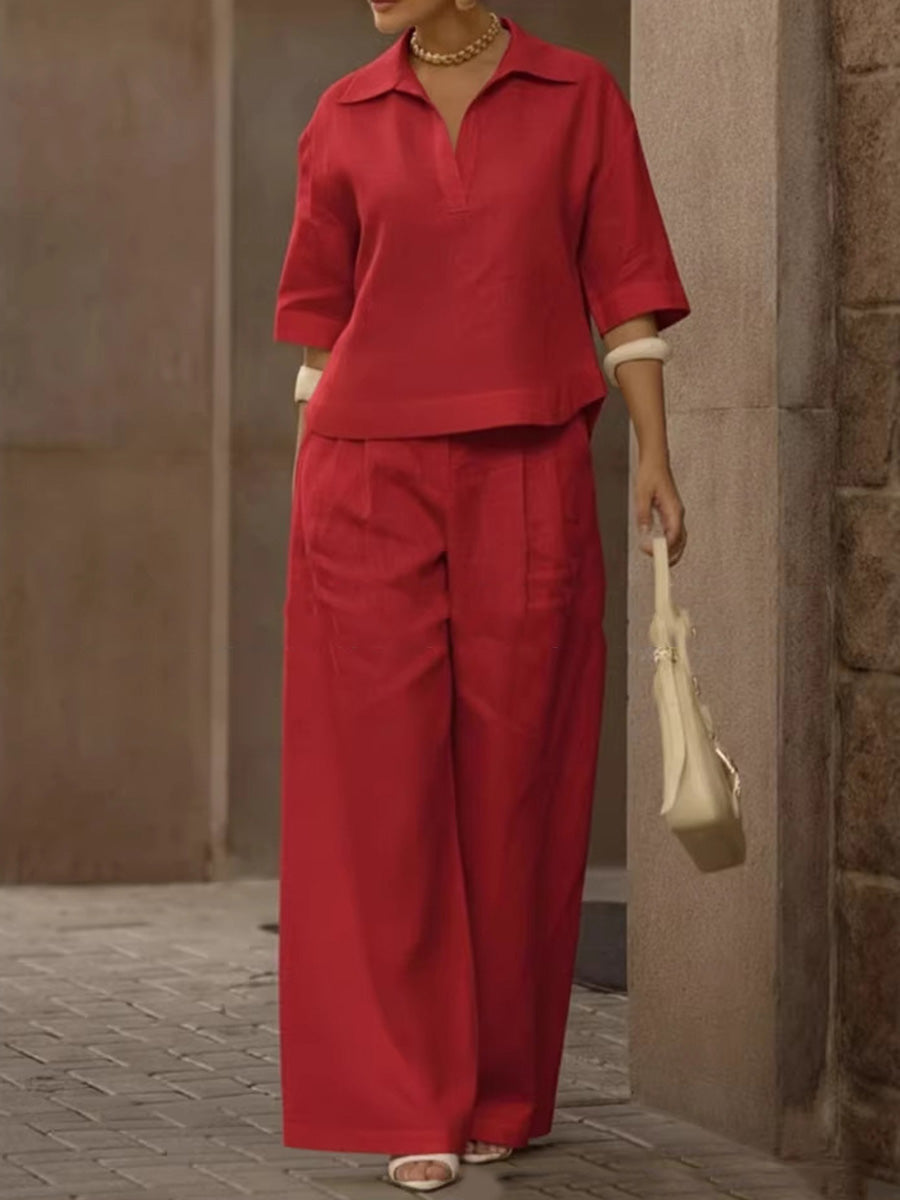 Solid Color Half Sleeves Lapel Blouses&Shirts Tops +  High Waisted Pleated Trousers Pants Two Pieces Set