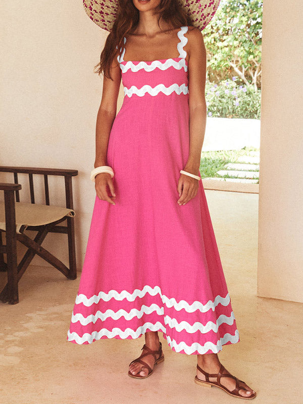 A-line High Waisted Contrast Color Zipper Square-neck Maxi Dresses Midi Dresses
