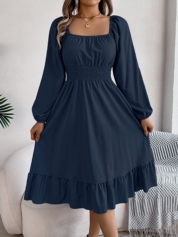 A-Line Elasticated Waist Pleated Ruffled Solid Color Square-Neck Midi Dresses