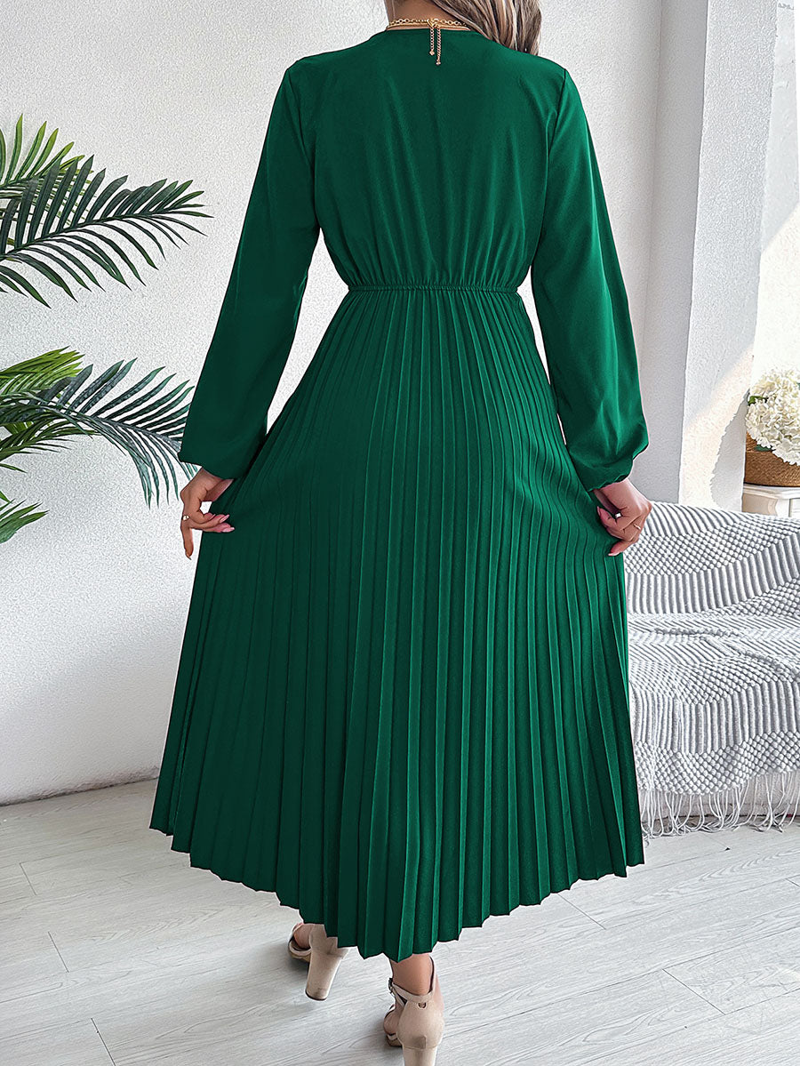 A-Line High Waisted Elasticity Pleated Solid Color V-Neck Maxi Dresses