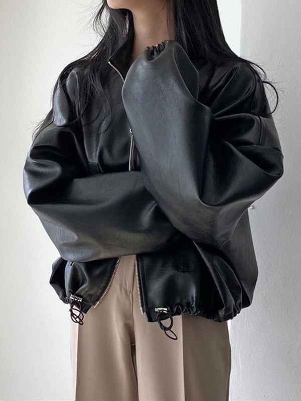 Long Sleeves Loose Drawstring Solid Color Zipper Stand Collar Jackets Outerwear
