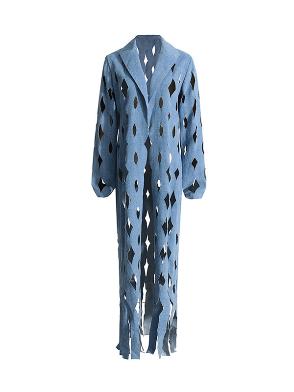 Long Sleeves Loose Hollow Solid Color Tasseled Notched Collar Denim Outerwear