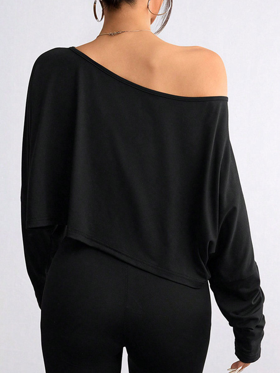Cropped Long Sleeves Solid Color One-Shoulder Blouses&Shirts Tops