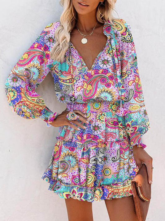A-Line Long Sleeves Contrast Color Flower Print Pleated Split-Joint Tied V-Neck Mini Dresses