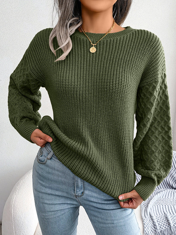 Long Sleeves Loose Cable Knit Solid Color Round-Neck Sweater Tops