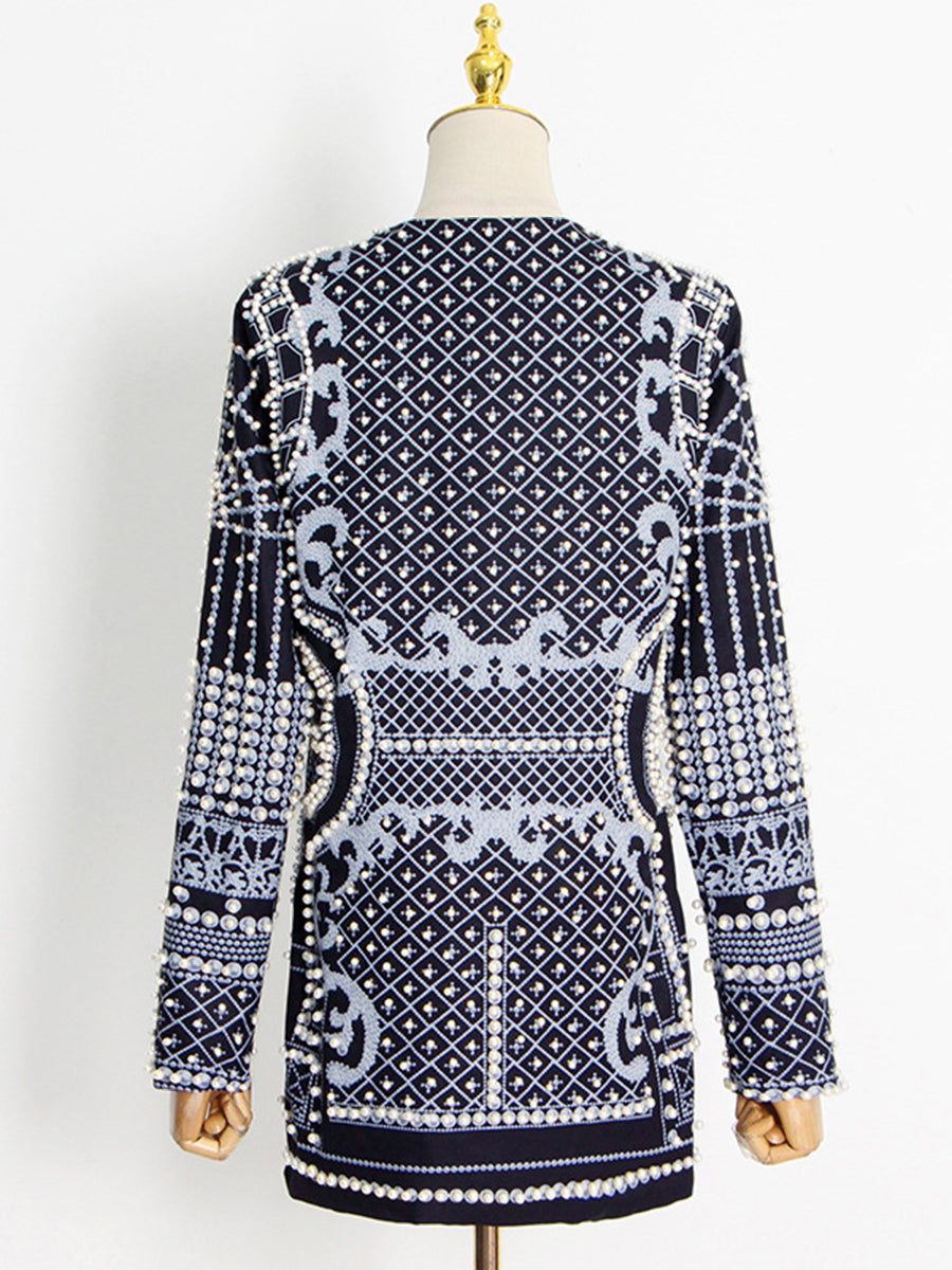 Long Sleeves Loose Beads Printed V-Neck Blazer Outerwear