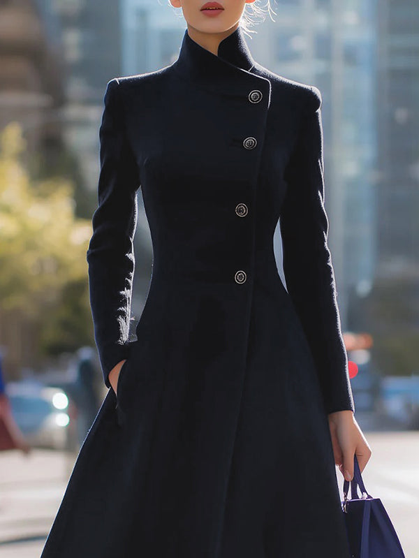 A-Line Long Sleeves Buttoned Pockets Solid Color Stand Collar Woolen Coat