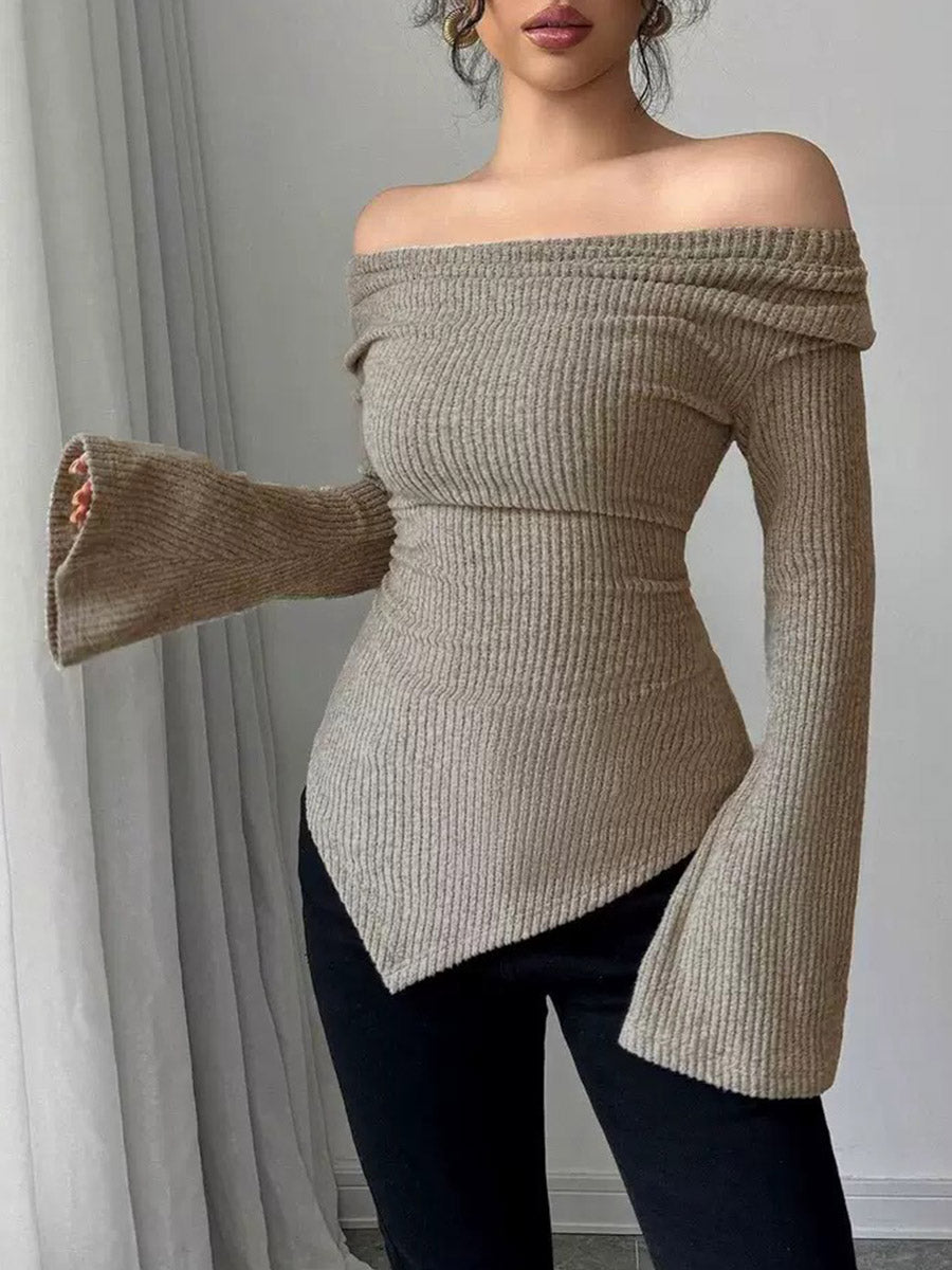Flared Sleeves Irregularity Pleated Ribbed Knit Solid Color Heaps Collar T-Shirts Tops