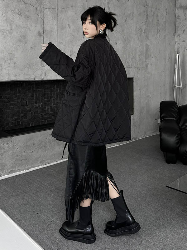 Long Sleeves Loose Plaid Quilted Solid Color Split-Joint Tied Collarless Outerwear Padded Coat