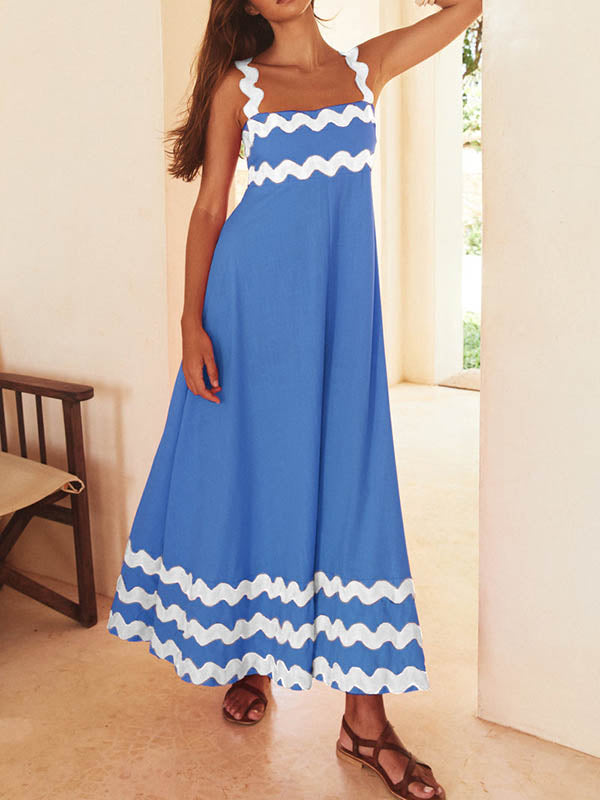 A-line High Waisted Contrast Color Zipper Square-neck Maxi Dresses Midi Dresses