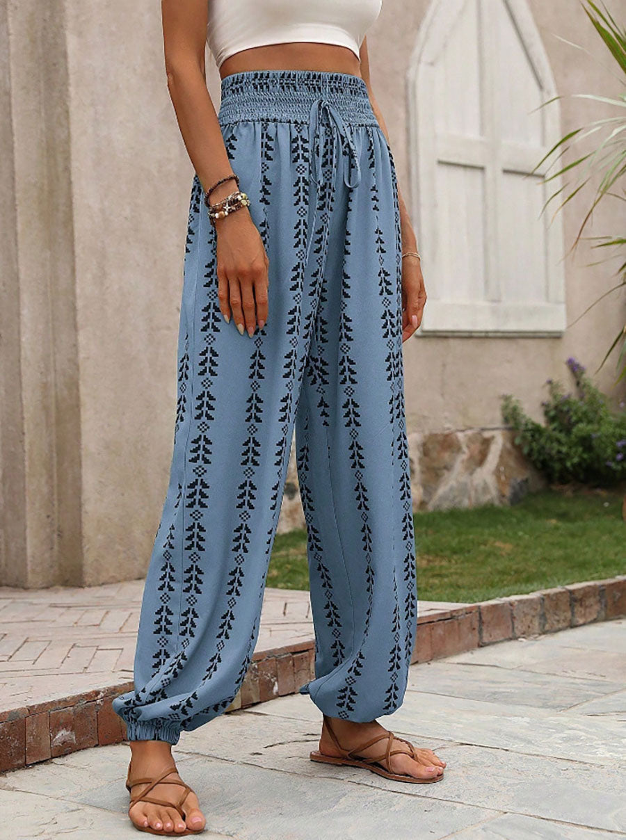 High Waisted Drawstring Pockets Printed Tied Pants Trousers