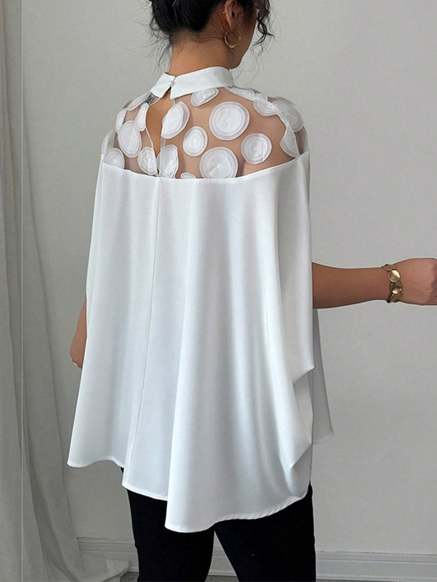 Cape Loose Geometric Pleated See-Through Solid Color Split-Joint Half Turtleneck Blouses&Shirts Tops