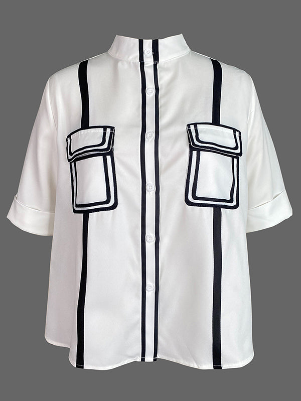 A-Line Half Sleeves Buttoned Contrast Color Pockets Mock Neck Blouses&Shirts Tops