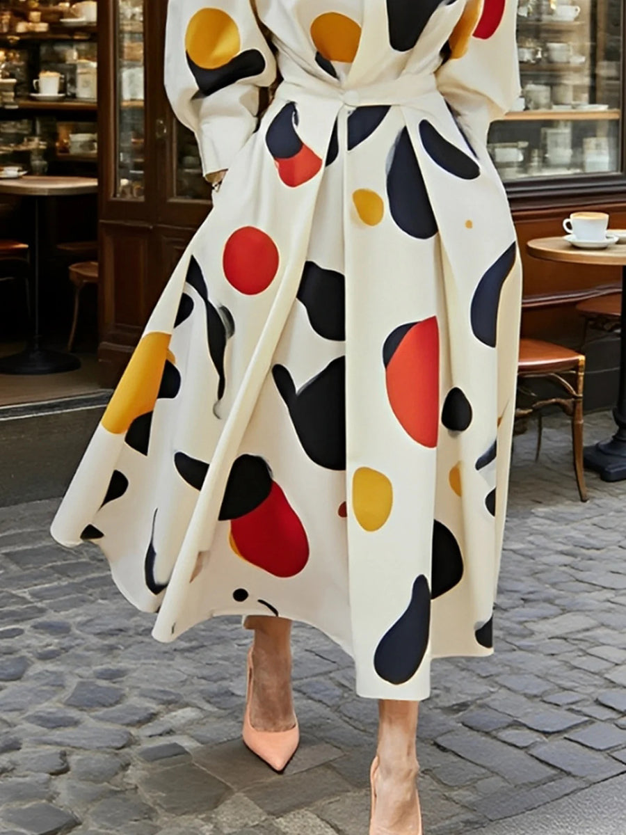 Long Sleeves Loose Contrast Color Pockets Polka-Dot Printing Lapel Maxi Dresses Shirt Dress