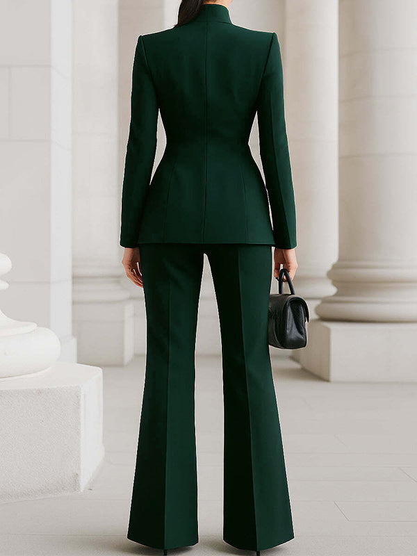 Long Sleeves Buttoned Pockets Solid Color Stand Collar Blazer Outerwear