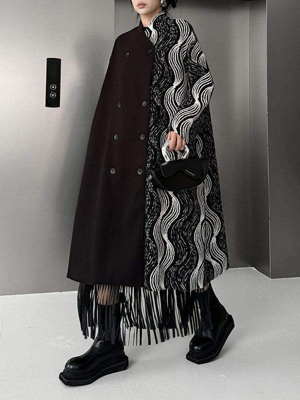Long Sleeves Loose Buttoned Contrast Color Pockets Stand Collar Woolen Coat