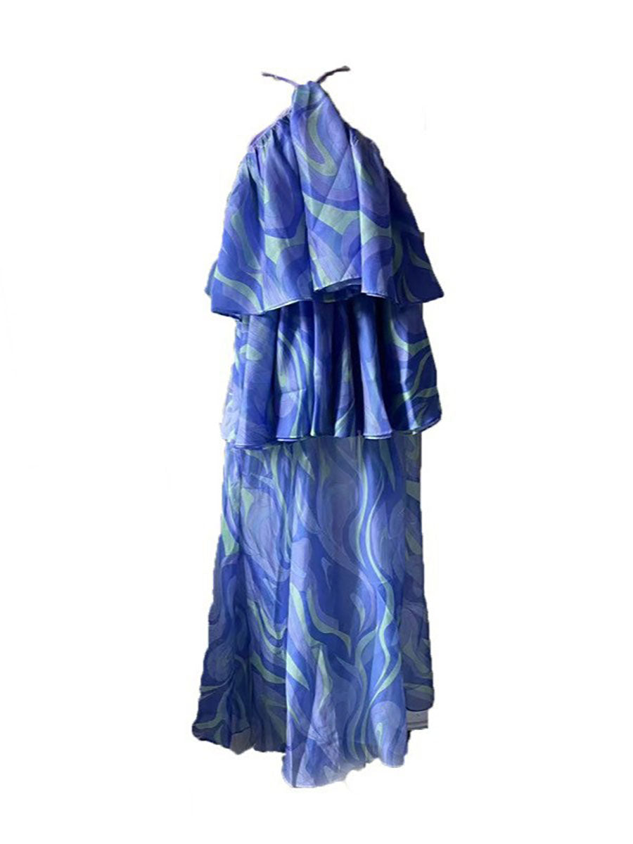 Sleeveless Backless Printed Ruffled Halter-Neck Maxi Dresses