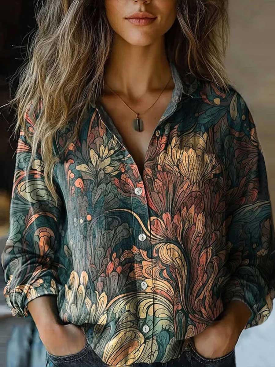 Long Sleeves Loose Buttoned Contrast Color Printed Split-Joint Lapel Blouses&Shirts Tops